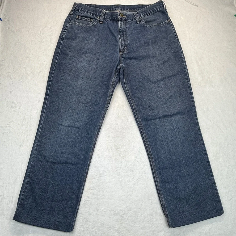 Carhartt Relaxed Fit Jeans Mens Denim Blue Work Pants Size 38x27 Hemmed